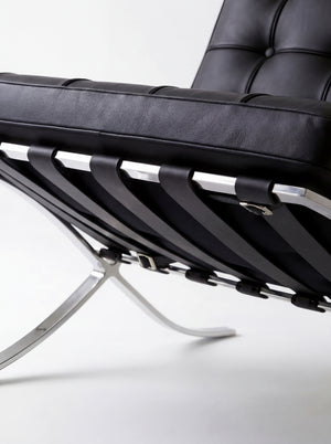 Lounge Chair &amp; Footstool – Black Genuine Leather &amp; Sculptural Chrome Frame