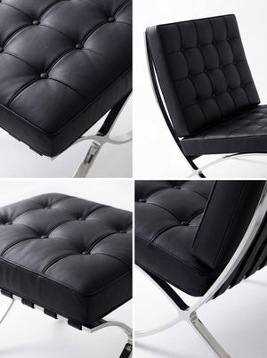 Lounge Chair &amp; Footstool – Black Genuine Leather &amp; Sculptural Chrome Frame