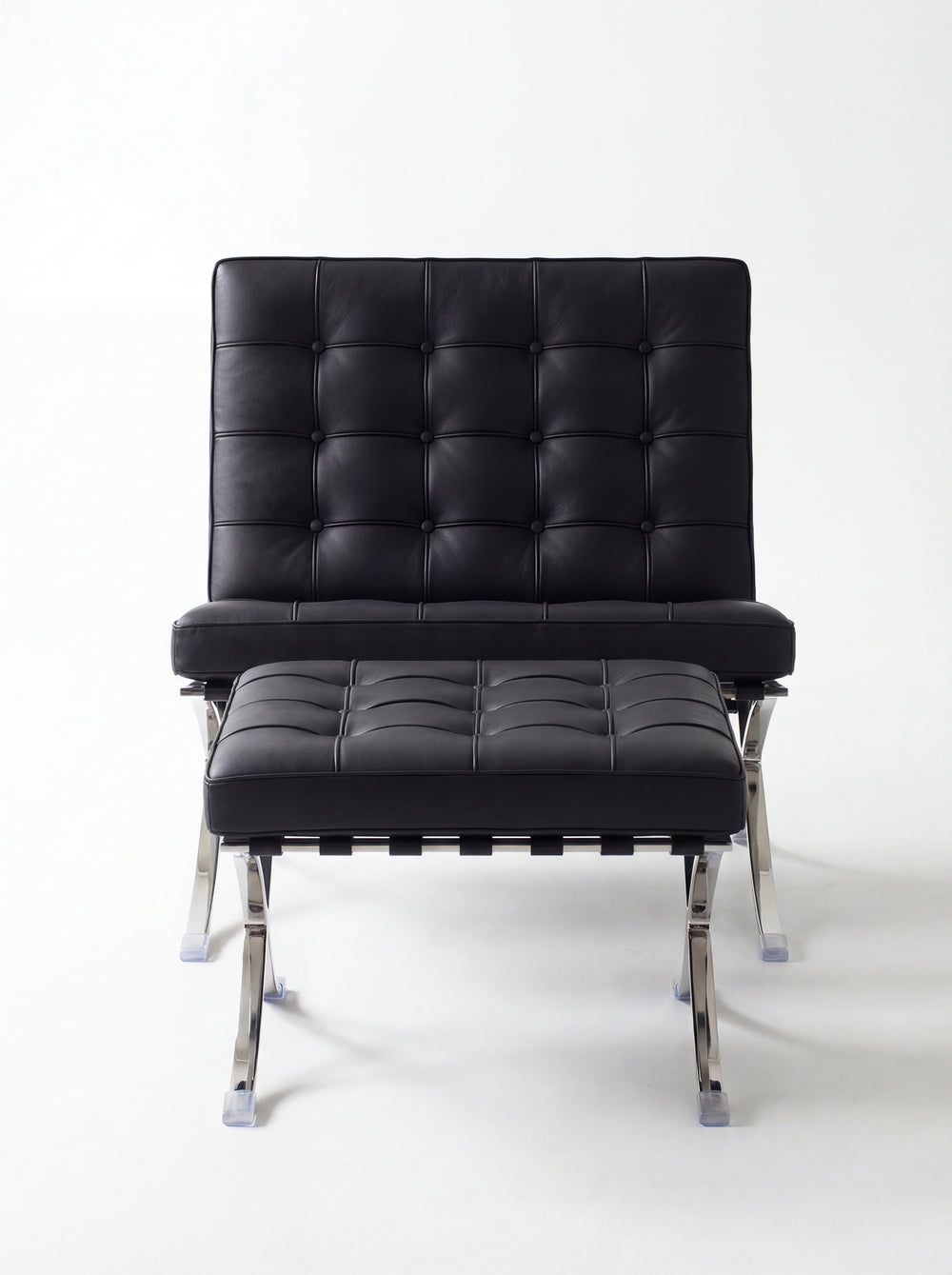 Lounge Chair &amp; Footstool – Black Genuine Leather &amp; Sculptural Chrome Frame