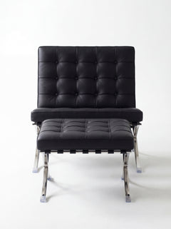 Lounge Chair &amp; Footstool – Black Genuine Leather &amp; Sculptural Chrome Frame