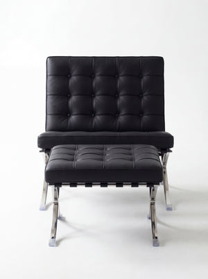 Lounge Chair &amp; Footstool – Black Genuine Leather &amp; Sculptural Chrome Frame