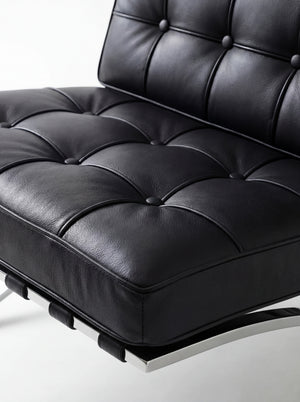 Lounge Chair &amp; Footstool – Black Genuine Leather &amp; Sculptural Chrome Frame