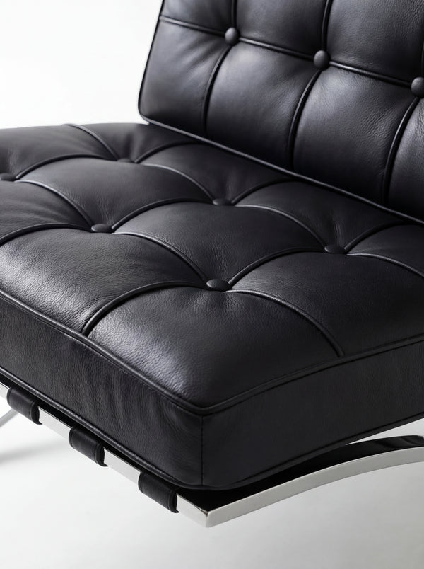 Lounge Chair &amp; Footstool – Black Genuine Leather &amp; Sculptural Chrome Frame