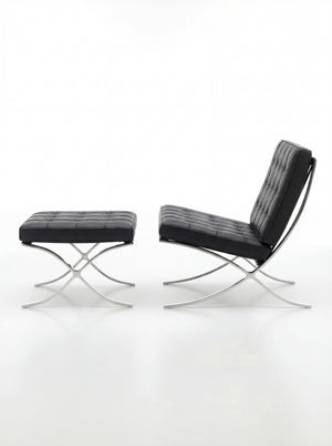 Lounge Chair &amp; Footstool – Black Genuine Leather &amp; Sculptural Chrome Frame