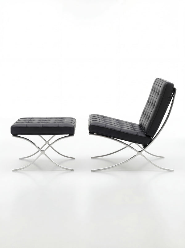 Lounge Chair &amp; Footstool – Black Genuine Leather &amp; Sculptural Chrome Frame