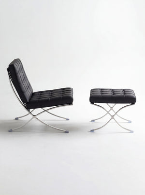 Lounge Chair &amp; Footstool – Black Genuine Leather &amp; Sculptural Chrome Frame