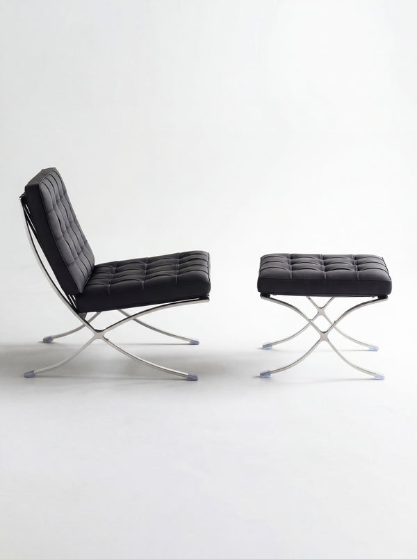 Lounge Chair &amp; Footstool – Black Genuine Leather &amp; Sculptural Chrome Frame