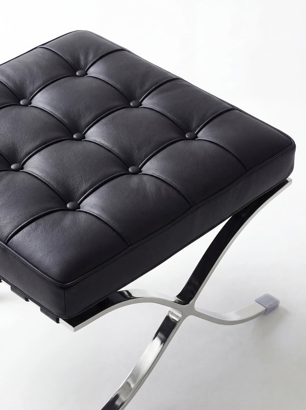 Lounge Chair &amp; Footstool – Black Genuine Leather &amp; Sculptural Chrome Frame