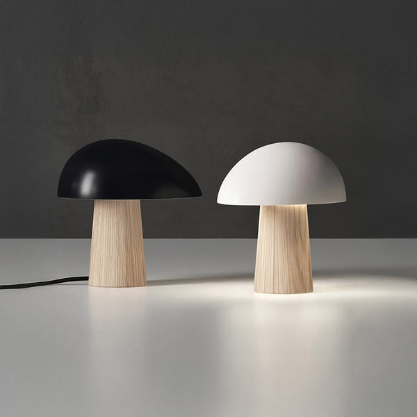 Scandinavian Mushroom Lamp – Natural Wood &amp; White or Black Shade