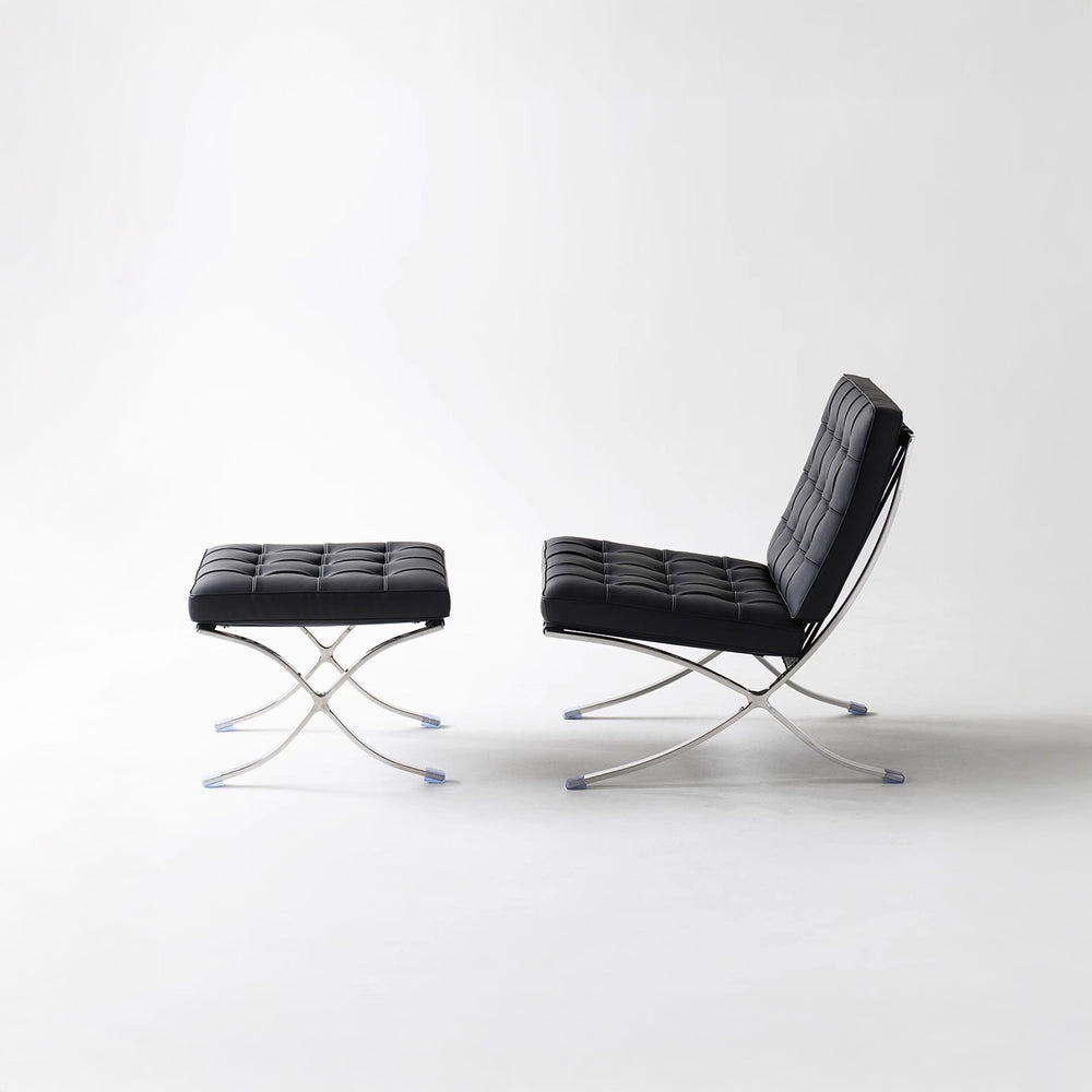 Lounge Chair &amp; Footstool – Black Genuine Leather &amp; Sculptural Chrome Frame